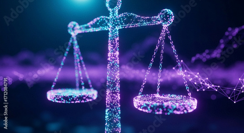 The symbol of legal justice, the scales composed of dots and lines, exudes a sense of technological sophistication