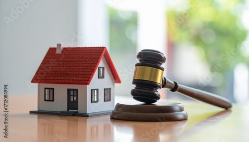 Real estate auction gavel and miniature house on a wooden table, symbolizing legal property transactions and homeownership