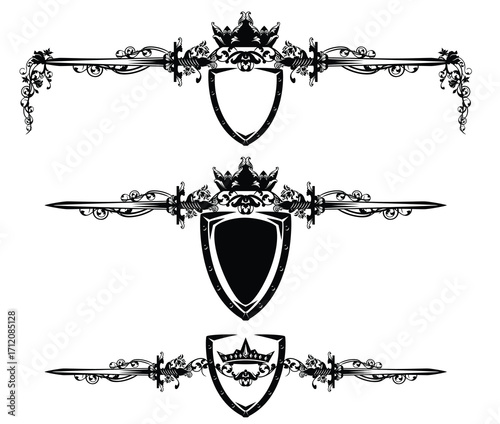 fairy tale medieval style royal crown, knight sword, shield and rose flowers black and white vector calligraphic page divider design set