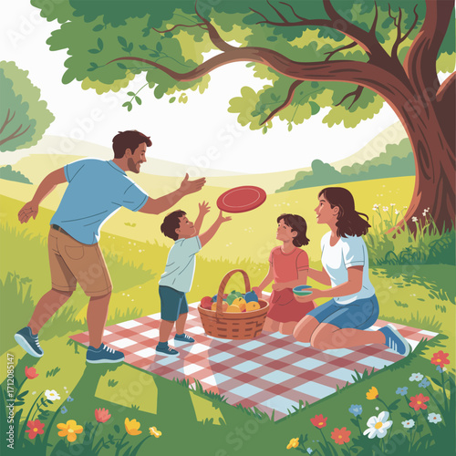 Family having a picnic and playing frisbee in a park nature outdoors