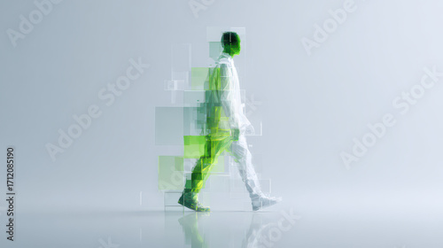 Emerging from the Void: A man walks forward, his form dissolving into pixels, symbolizing the transition to the next phase. It suggests concepts such as innovation, futuristic advancement.