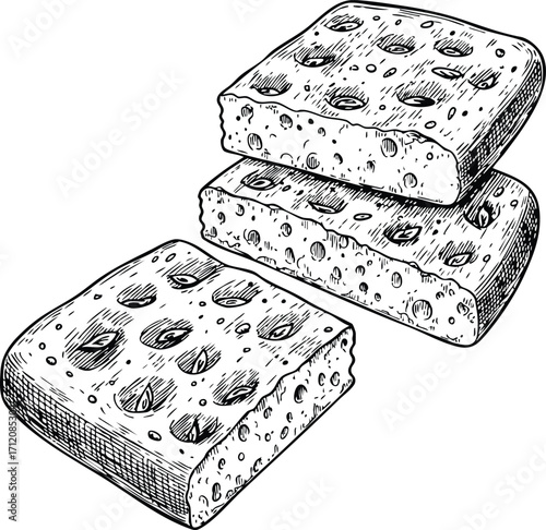 Focaccia Bread Engraved Illustration