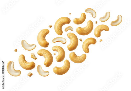 Obraz na plátne Isolated cashew nuts in a scattering composition for food photography on clean b