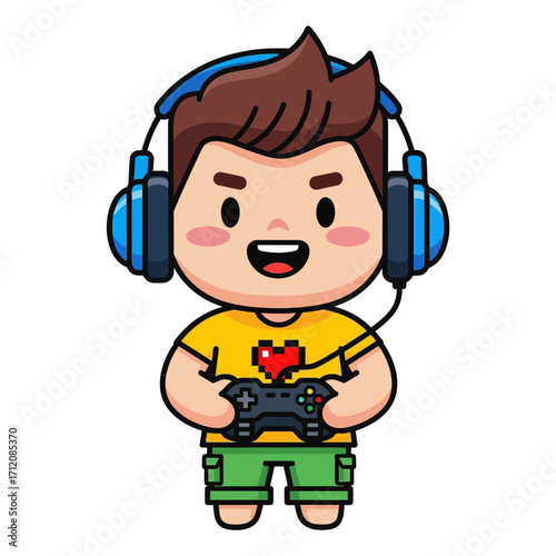 Cute Cartoon Boy in Headphones Playing Video Game.