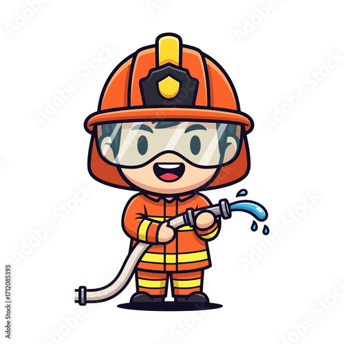 Cute cartoon firefighter boy in orange uniform holding a water hose and smiling.