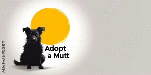 A black mixed-breed dog sits beside a large yellow sun. The text 'Adopt a Mutt' is prominently displayed, promoting pet adoption and awareness.