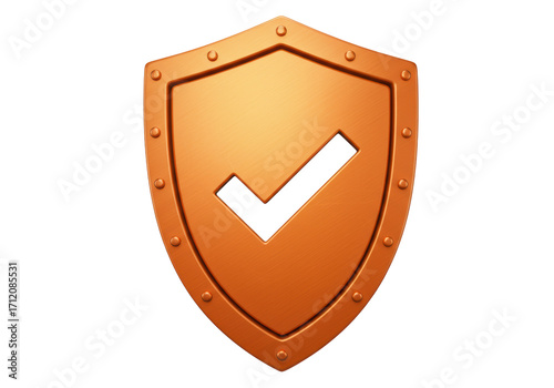 Isolated bronze check mark shield, security system vector icon for app and web design