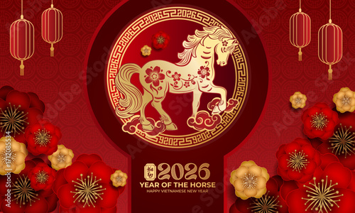Year of the Horse 2026 Vietnamese Lunar New Year Background with Lanterns and Blossoms (Translation : Happy new year )