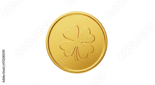 Isolated St. Patrick's Day Lucky Gold Coin with Shamrock, Chance, Celebration Symbol