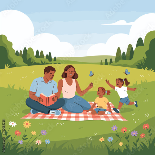 Family having a picnic in a sunny meadow with butterflies park outdoors