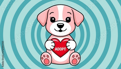 A cute cartoon puppy with pink and white fur holds a red heart that says 'ADOPT'. The background features concentric circles in light blue and darker blue.