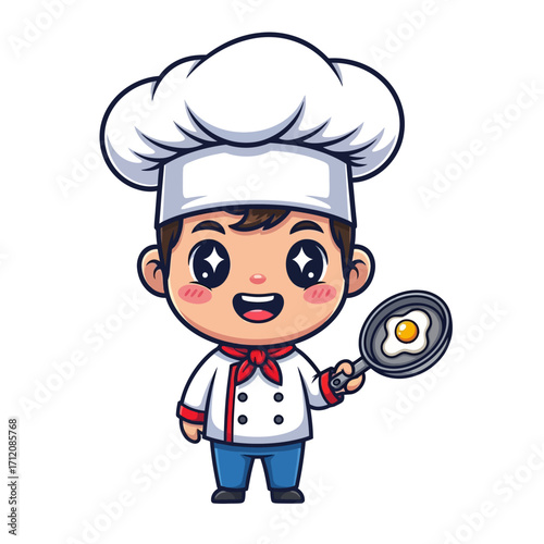 Adorable Chibi Chef Character Holding a Frying Pan with Fried Egg.