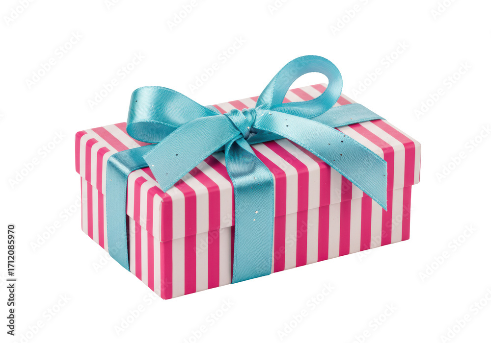 Obraz premium Isolated present with red and white stripes, wrapped with turquoise ribbon, tied in a bow