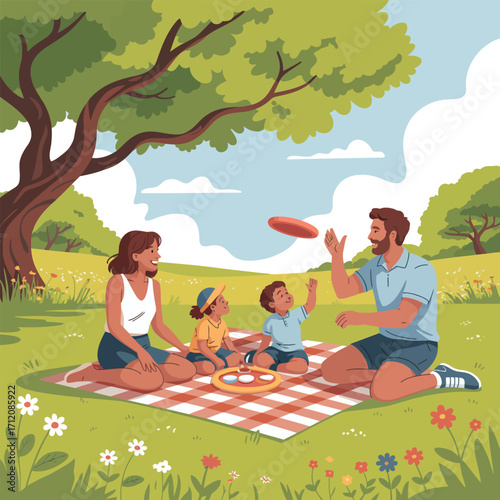 Family having a picnic under a large tree, playing frisbee outdoor