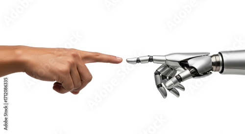 Isolated human hand reaching towards a robot arm, technology meeting humanity concept