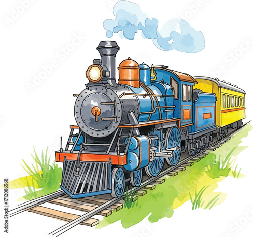 Vintage steam locomotive pulling passenger train on tracks with green grass and white background