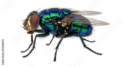 Isolated iridescent bluebottle fly, metallic reflections on exoskeleton, shiny insect detail
