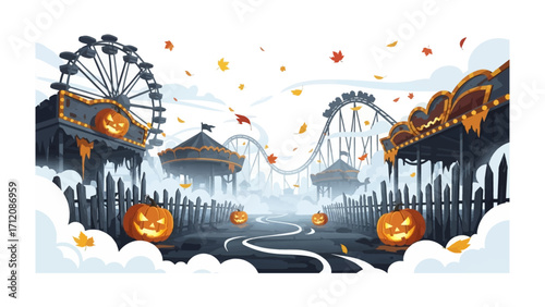 Spooky Carnival: Capturing a whimsical, and slightly eerie, animated illustration of an autumnal carnival. pumpkins and falling leaves create a festive atmosphere.