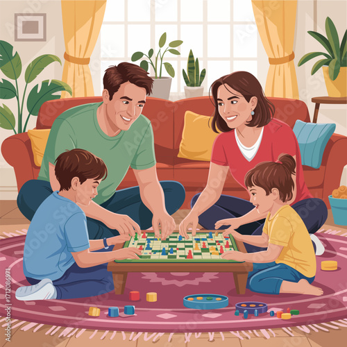 Family playing board game together on rug in living room with sofa parents children