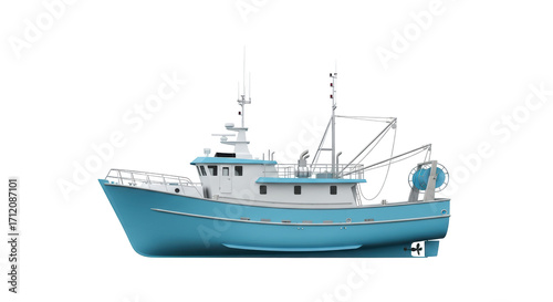 Tableau sur toile Isolated blue and white commercial fishing trawler on a smooth background, full