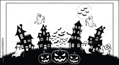 Spooky Halloween night with haunted houses, grinning pumpkins, and playful ghosts flying under a moonlit sky with bats.