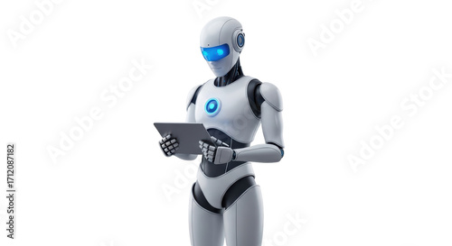 Isolated humanoid robot interacting with tablet, a futuristic artificial intelligence concept