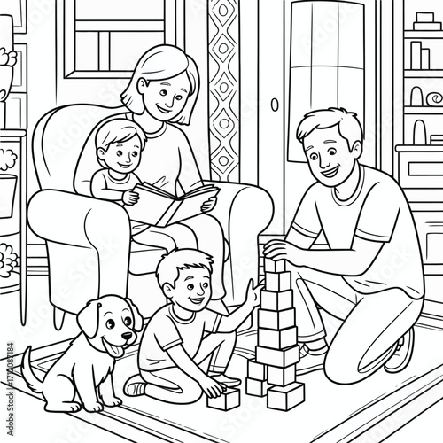 Family playing with blocks and a dog in a living room children