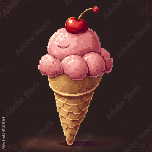Pixel art of a strawberry ice cream cone with cherry on top