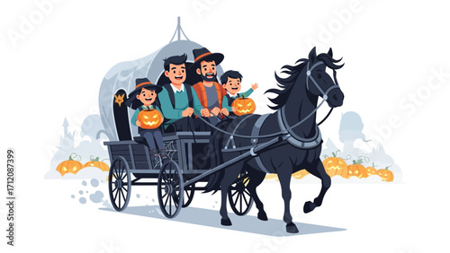 Halloween Carriage Ride: A festive scene of a family joyfully riding in a horse-drawn carriage adorned with pumpkins, capturing the essence of Halloween fun.