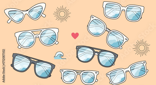 Collection of stylish sunglasses float on a light orange surface with sun and wave accents, creating a bright and summery vibe.