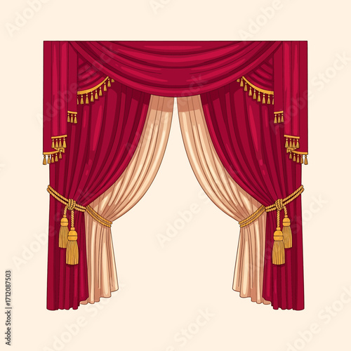Elegant red curtains frame a stage with golden tassels, creating a luxurious and theatrical atmosphere.