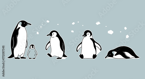 Penguin family waddling and resting on icy landscape during winter season, showcasing their adorable behavior and resilience in cold environment.