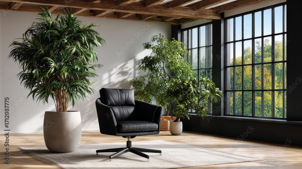Fototapeta premium Minimalist Office Chair in Stylish Indoor Space with Large Windows and Green Plants