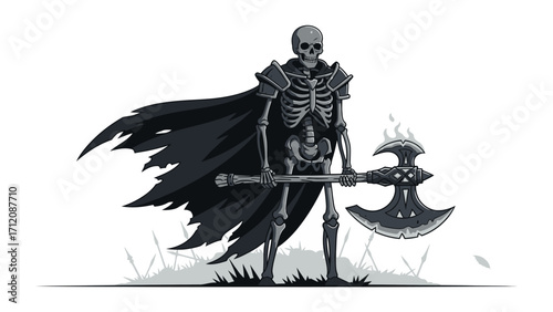 Sinister Guardian: A formidable skeletal warrior stands guard, cloaked and armed with a menacing battleaxe, embodying a dark presence.