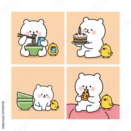 Adorable Polar Bear Eating Noodles Pizza and Cake Cartoon Illustration