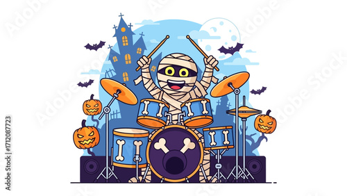 Mummy Drummer's Halloween Gig: A lively cartoon mummy with wrapped bandages, rocking out on a drum kit against the backdrop of a spooky haunted house and a full moon, perfect for the festive season.