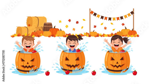 Spirited Autumn Splash: Joyful children experience the thrill of an autumn-themed water game, playfully immersed in carved pumpkin barrels, creating a lively and festive scene with vivid colors.