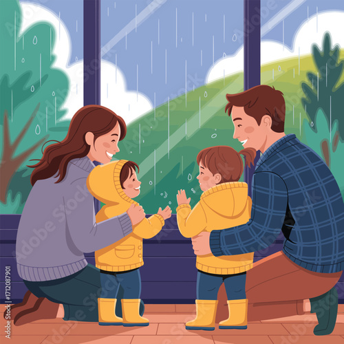 Family watching rain from indoors, children in yellow raincoats and boots vector illustration