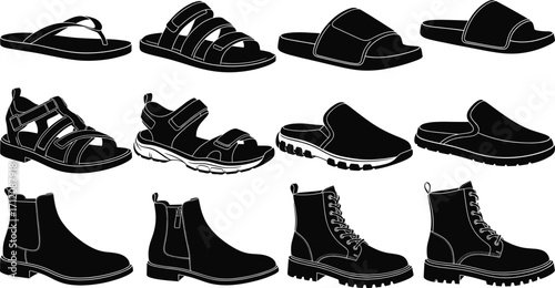 Silhouette Collection of Ten Footwear Styles Including Sandals, Boots, Loafers, Fashion Icons, Shoe Types, Retail Design Elements