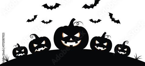 Spooky Halloween pumpkins with bats flying across a white background