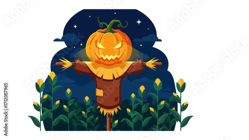 Spooky Scarecrow in Moonlight: A carved pumpkin sits atop a scarecrow, casting an eerie glow against a backdrop of a star-studded night sky. This illustration brings the Halloween spirit with playful.