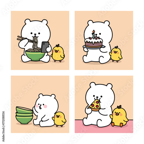 Adorable Polar Bear and Chick Enjoying Noodles Pizza Cake Cute Cartoon Illustration