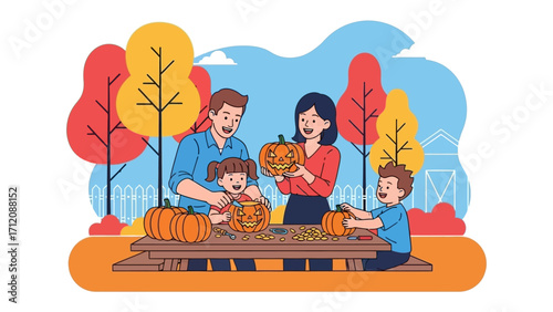 Family's Halloween Celebration: A cheerful family gathers outdoors on a crisp autumn day, joyfully carving pumpkins together. The air is filled with laughter and the warmth of togetherness.