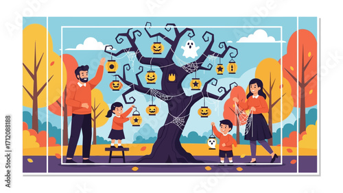 Halloween Family Celebration: A family decorates a spooky tree with Halloween lanterns, a symbol of spooky season. A ghostly silhouette and a backdrop of autumnal hues capture the holiday spirit.