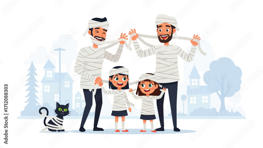 Obraz premium Halloween Mummy Family: A light-hearted Halloween scene featuring a family dressed as mummies, their playful antics against a backdrop of a spooky yet cute neighborhood.