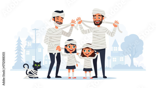 Halloween Mummy Family: A light-hearted Halloween scene featuring a family dressed as mummies, their playful antics against a backdrop of a spooky yet cute neighborhood.