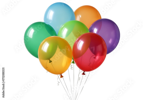 Brightly colored helium filled balloons floating together celebratory party decoration vibrant isolated on transparent background