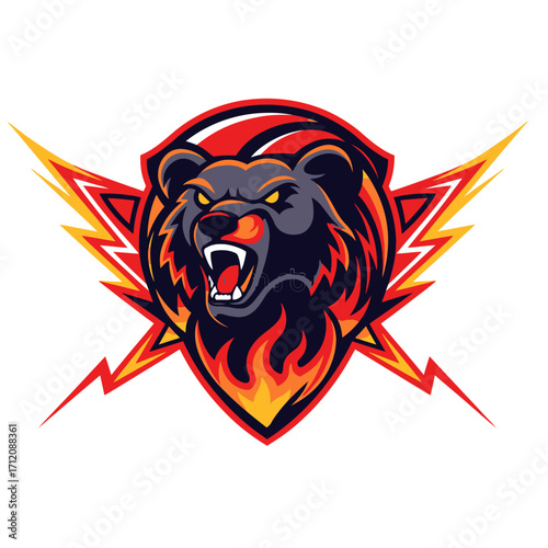 Angry Bear Head with Flames and Lightning Bolt Symbol, Aggressive Animal Mascot Logo Design