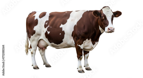 Tableau sur toile Isolated dairy cow standing, brown and white Holstein heifer in studio, clean ed