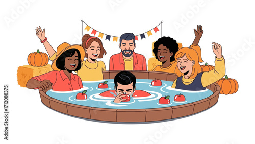 Apple Bobbing Festival: A vibrant illustration depicts a spirited gathering of friends at an autumn festival. People are engrossed in the tradition of bobbing for apples.